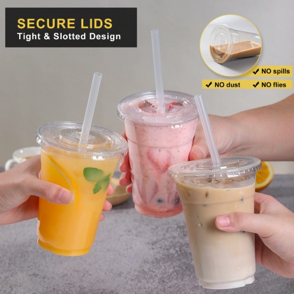 VITEVER [100 Sets - 16oz] Clear Plastic Cups with Lids and Straws, Disposable Iced Coffee Cups for Smoothie, Milkshake, Cold Drinks - BPA free